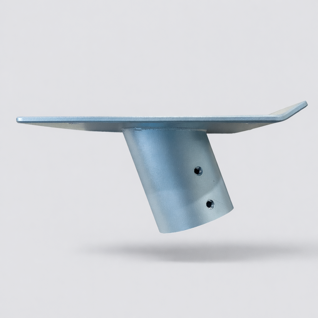 Side profile of Spacetek Gen 3 pole mount adapter showing angled CNC-machined aluminum bracket and mounting tube