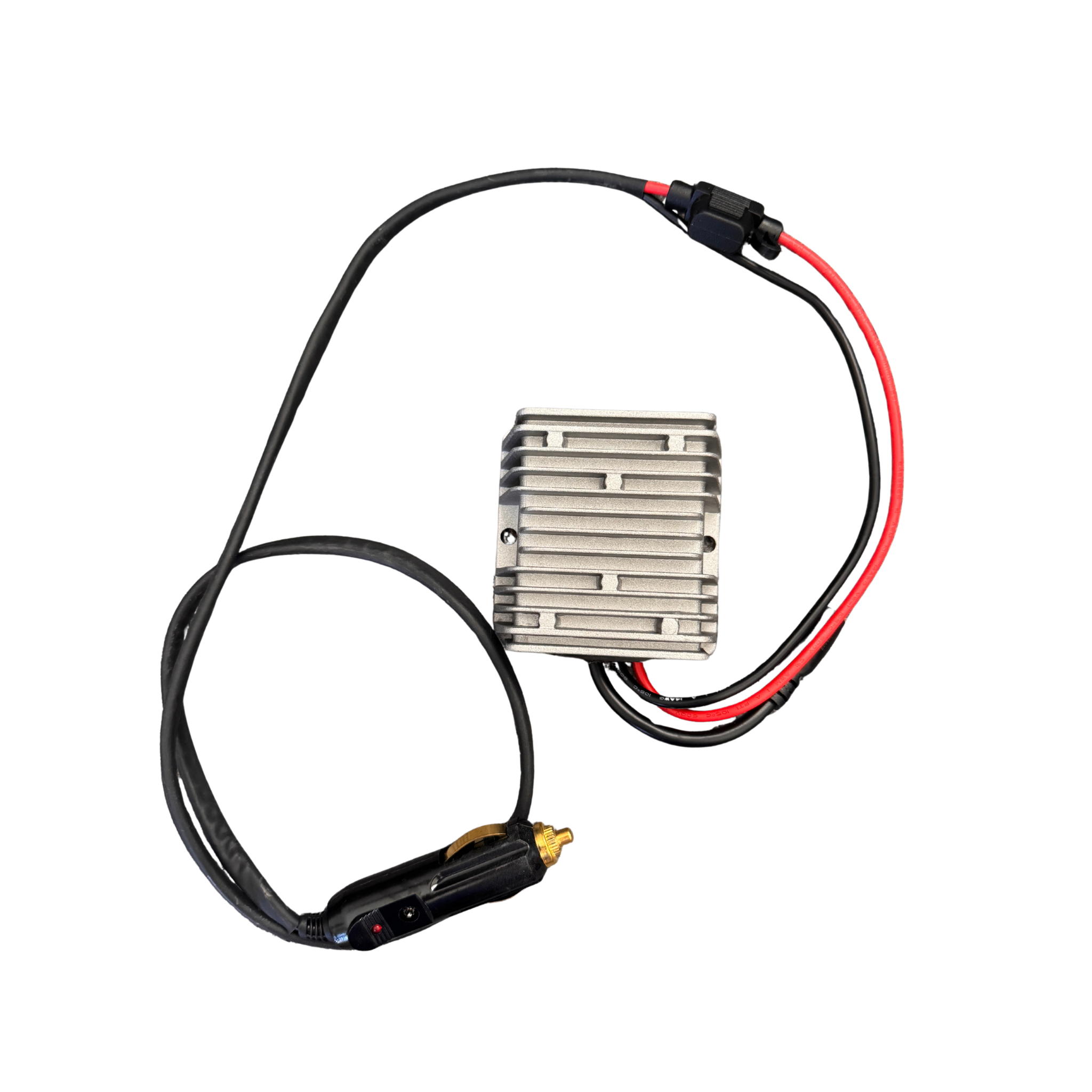 12V power regulator for Starlink Mini front view with wiring and Anderson connector
