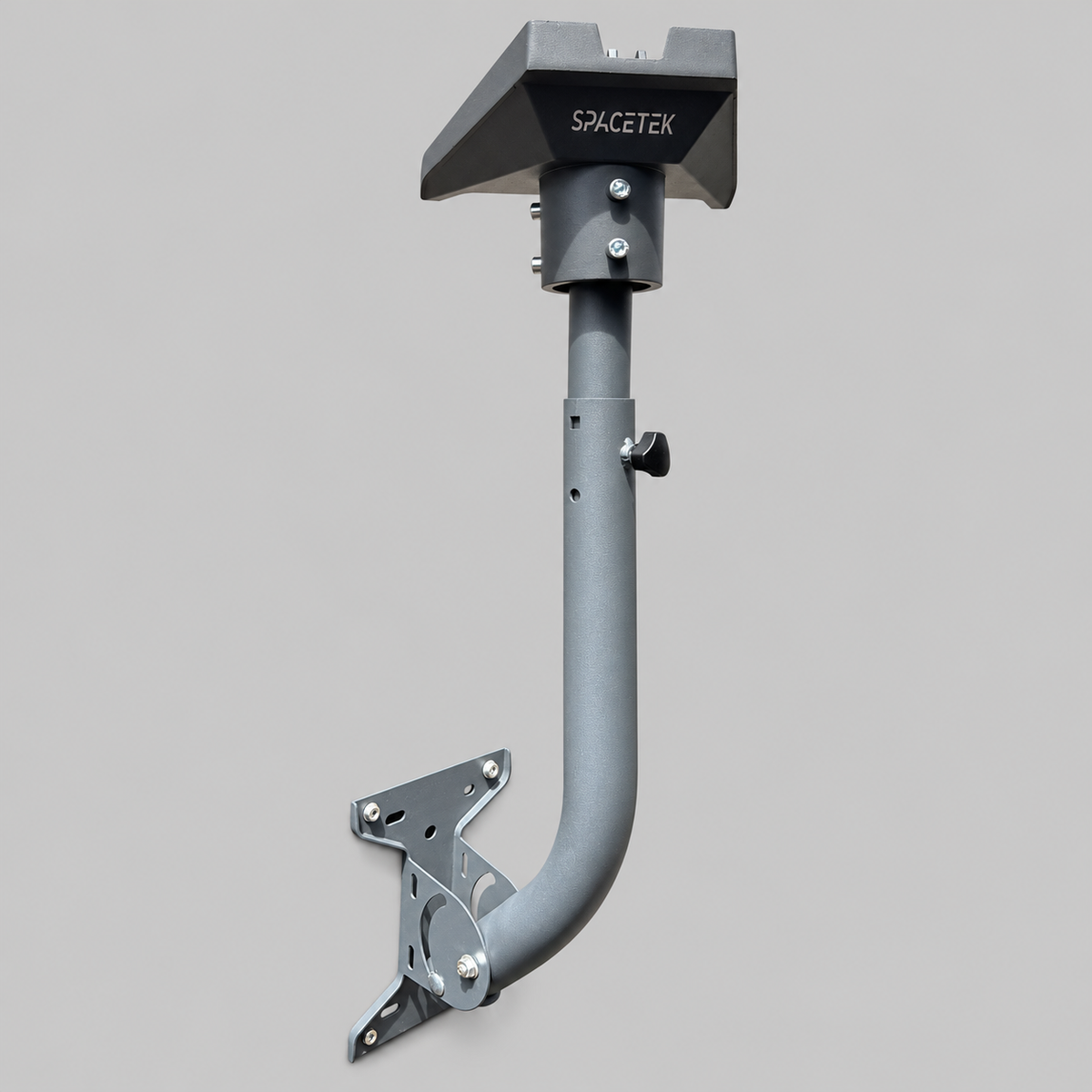 Spacetek grey adjustable Starlink wall mount showing the pole adaptor, telescopic arm, adjustment knob and wall bracket from an angled view.