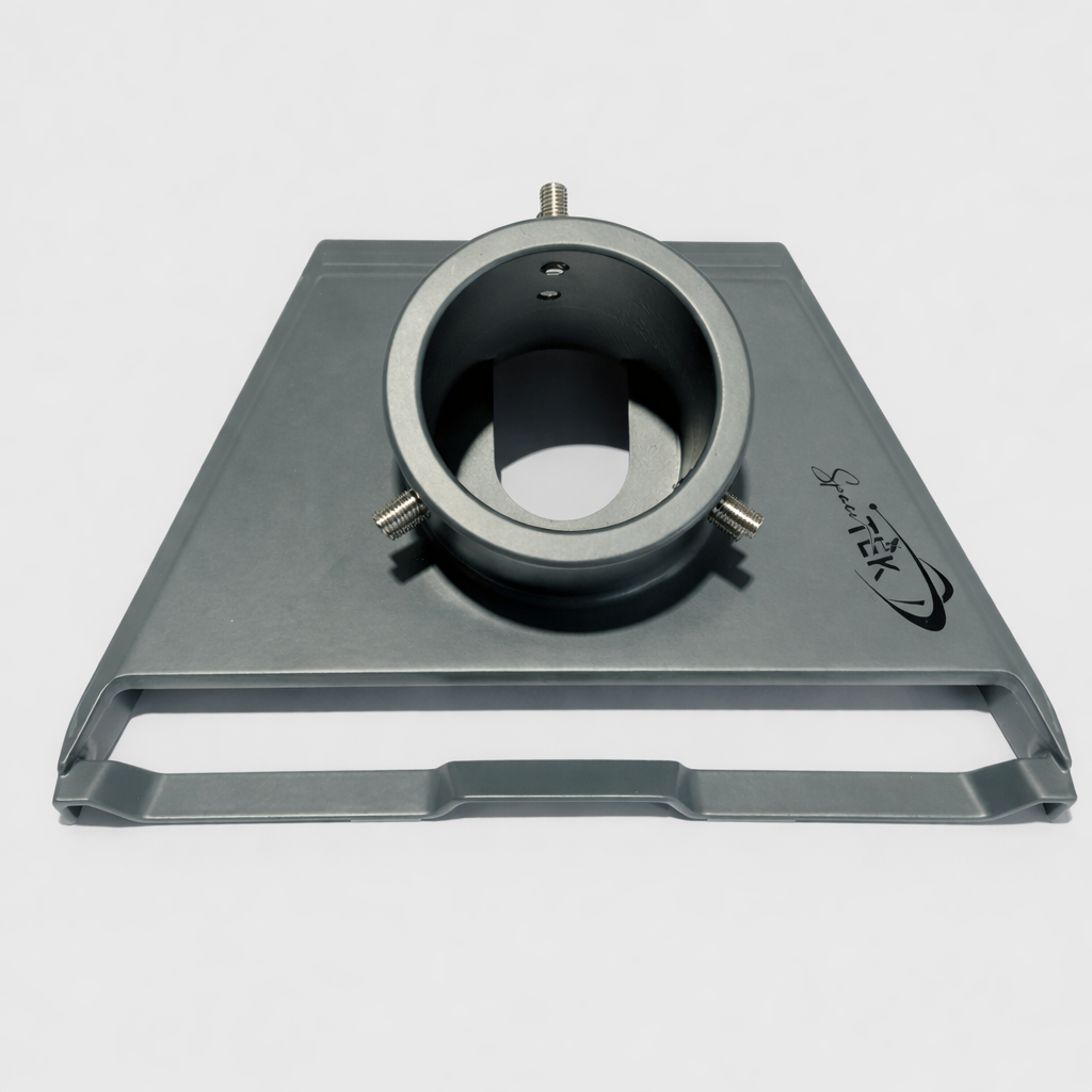 Top-down view of SpaceTEK aluminium pole adapter for Starlink Gen 3 showing mounting collar and engraved logo.