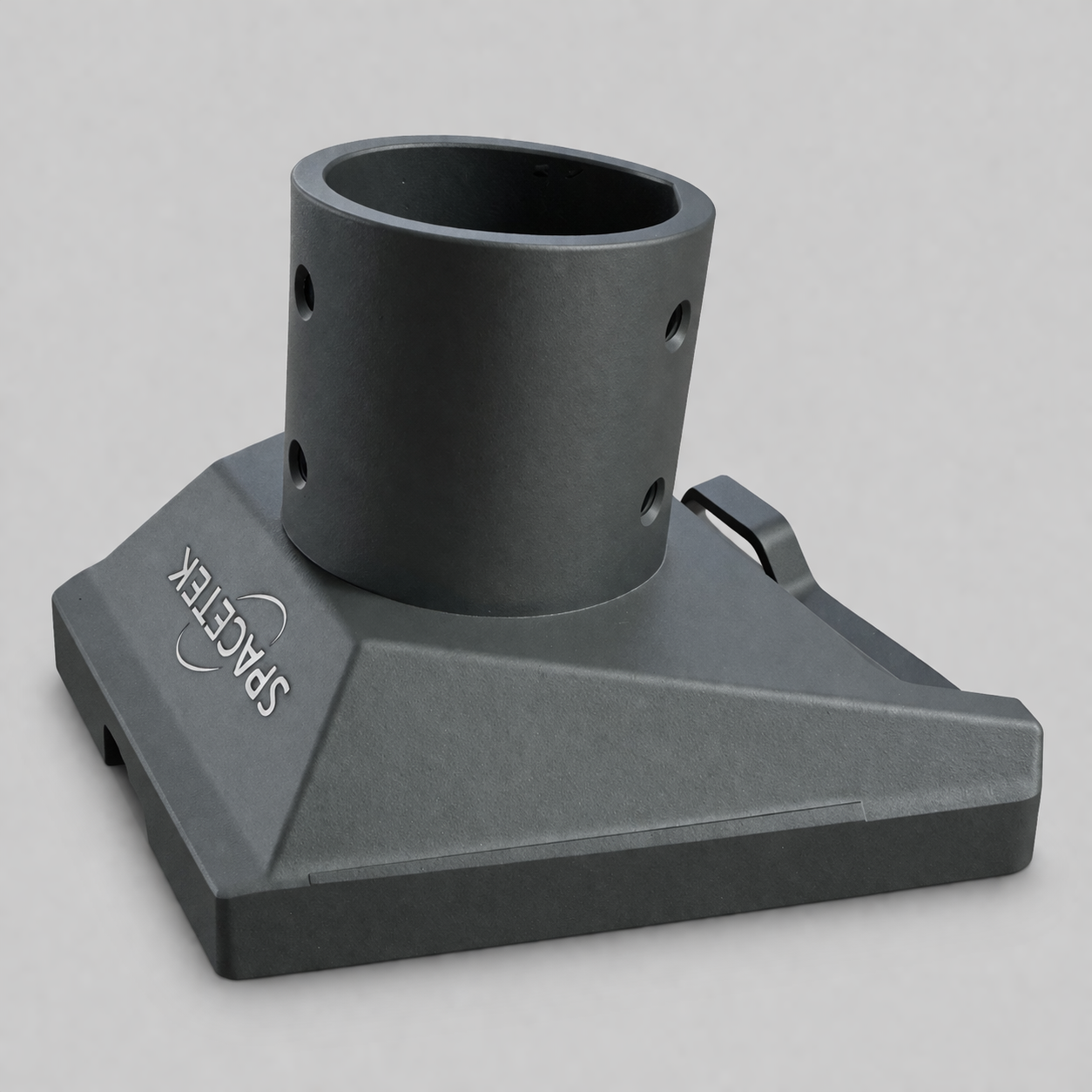Spacetek aluminium Starlink Gen 3 pole adaptor shown in angled front view with cylindrical mount and base plate