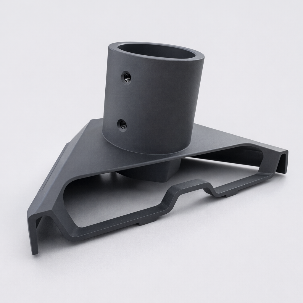 Side profile of Spacetek aluminium Starlink Gen 3 pole adaptor highlighting mounting geometry and support structure