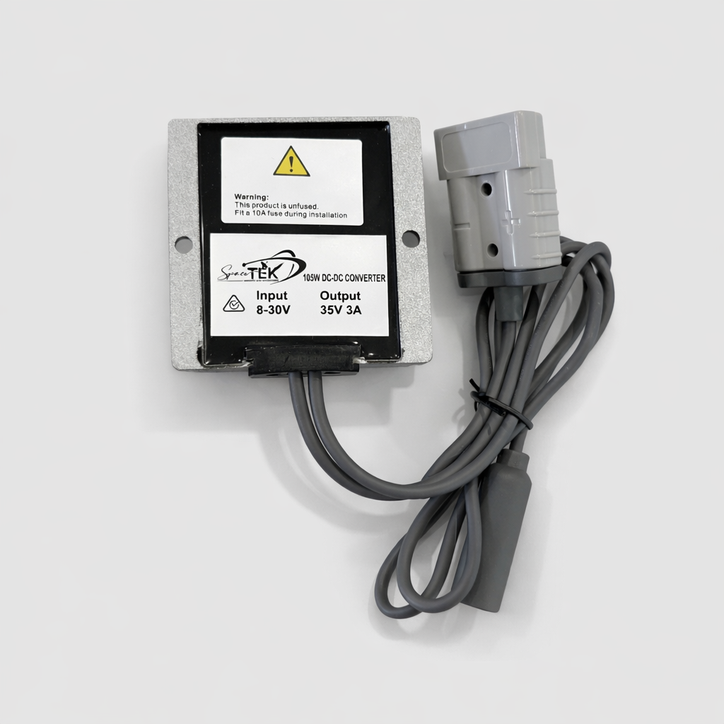 Front view of the Spacetek Starlink Mini DC Regulator Booster (15W DC-DC converter), featuring 8–30V input and 35V 3A output. Designed to reliably power the Starlink Mini from 12V and 24V vehicle systems, ideal for caravans, 4WDs, boats, and off-grid installations.