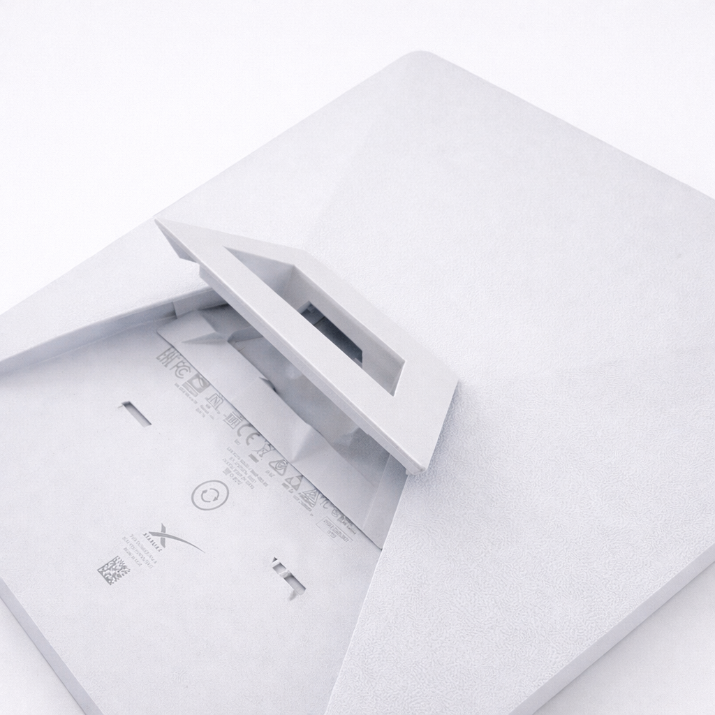 Genuine Starlink Mini kickstand partially folded angled view on neutral grey background