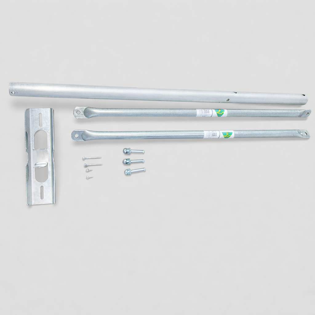 Spacetek roof mount hardware kit with aluminium plates, pole and galvanized steel stay bars and fasteners for Starlink installation