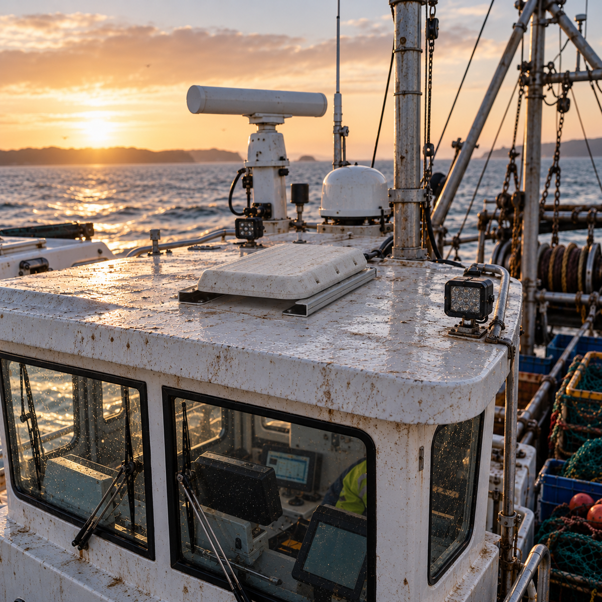 Spacetek Starlink V-Cell IP68 rugged protective housing installed on the cabin roof of a commercial fishing boat, exposed to harsh marine conditions at sea.