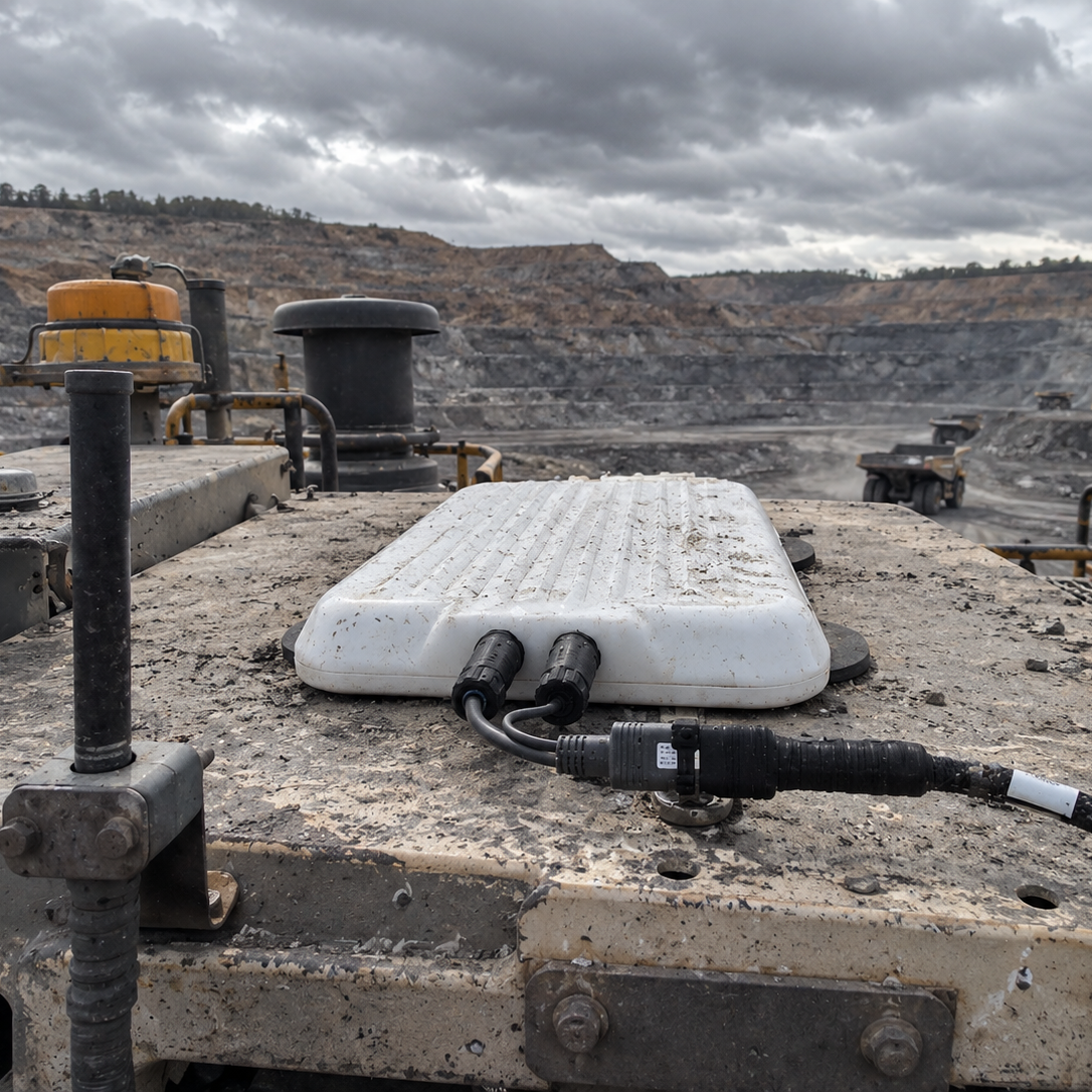 Spacetek Starlink V-Cell IP68 rugged housing secured with magnetic mounts on a dust-covered mining vehicle at an open-cut mine.