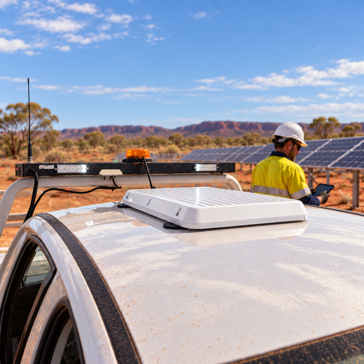 Spacetek Starlink V-Cell IP68 rugged protective housing magnetically mounted on a solar installer's work vehicle at a remote Australian outback solar farm.