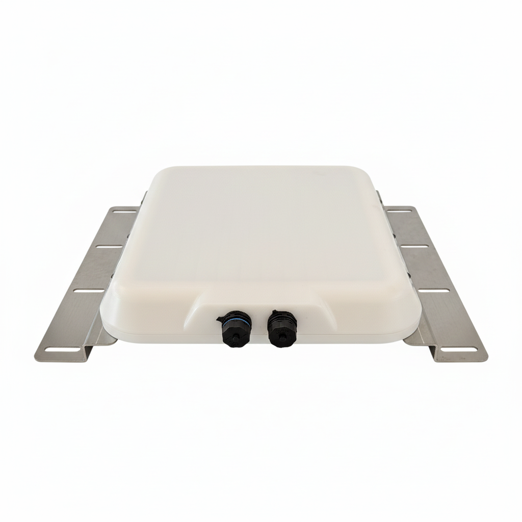 Front view of Spacetek V-Cell housing for Starlink Mini with dual waterproof cable glands and aluminium mounting bracket on a white background
