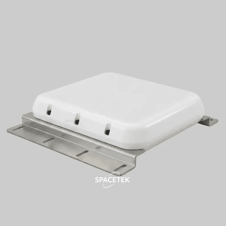 Side view of Spacetek V-Cell housing for Starlink Mini with aluminium bracket and black fasteners