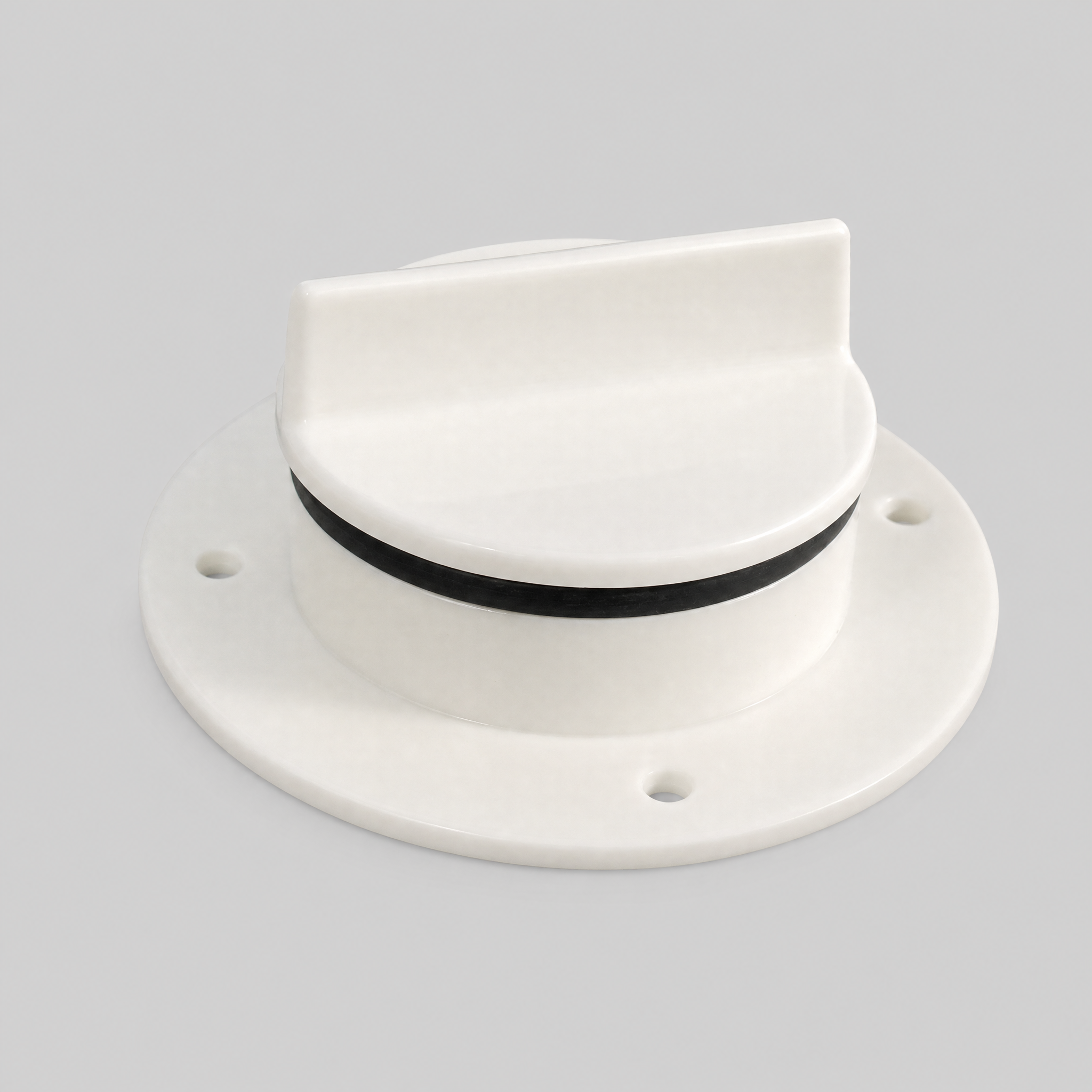 White weather-resistant cable access bung with screw cap, rubber seal and mounting holes for Starlink caravan and RV cable entry