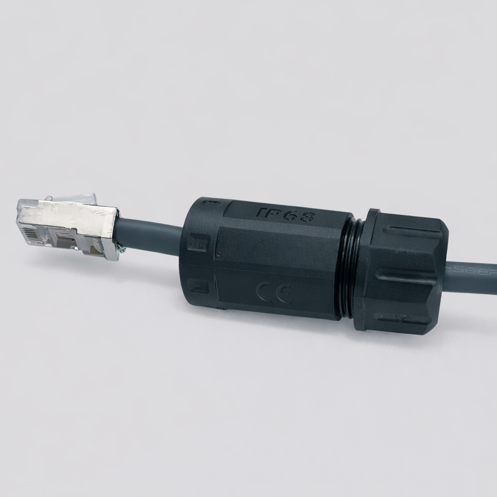 Close-up image of Starlink Cat6a RJ45 IP68 waterproof connector with Ethernet cable inserted for secure outdoor networking