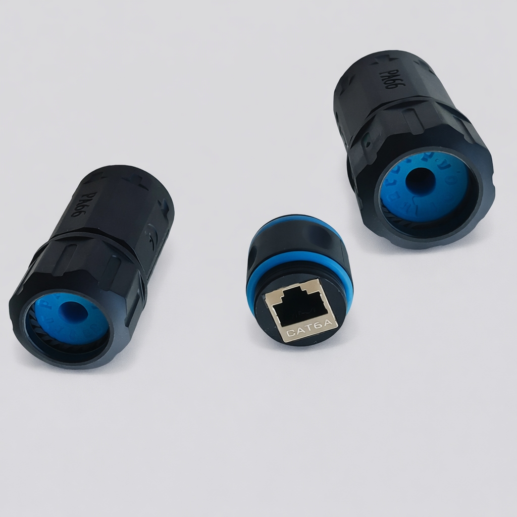 Disassembled Starlink Cat6a RJ45 IP68 waterproof connector showing internal components for rugged Ethernet cable connection
