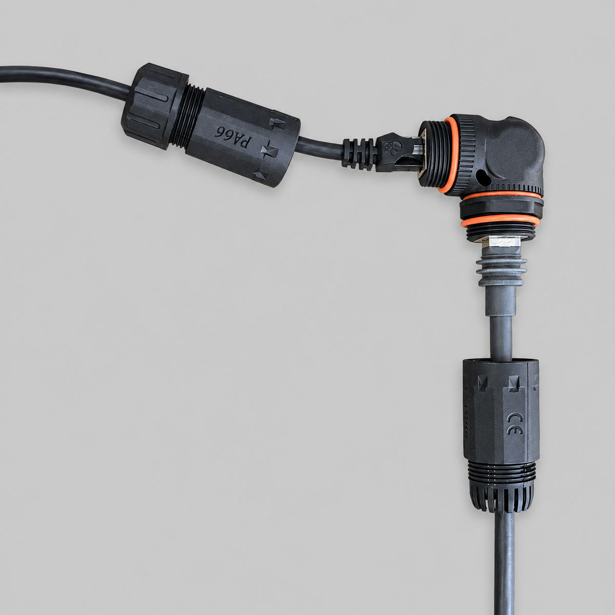 Starlink compatible RJ45 IP68 right-angle coupler with waterproof housings and cable glands