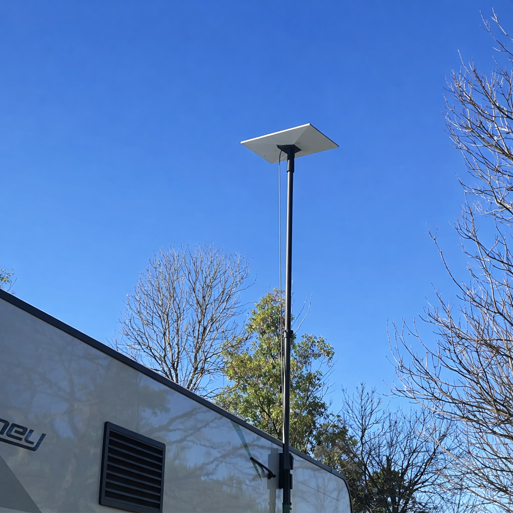 Starlink Gen 3 receiver mounted on Spacetek carbon fibre telescopic pole attached to RV exterior against clear blue sky