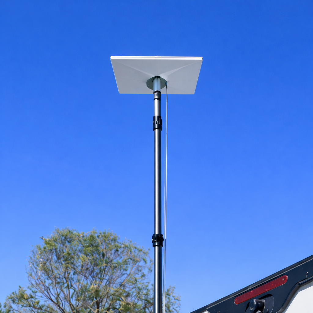 Full height Spacetek carbon fibre telescopic pole supporting Starlink Gen 3 receiver mounted to RV roof under clear blue sky. RV satellite internet setup