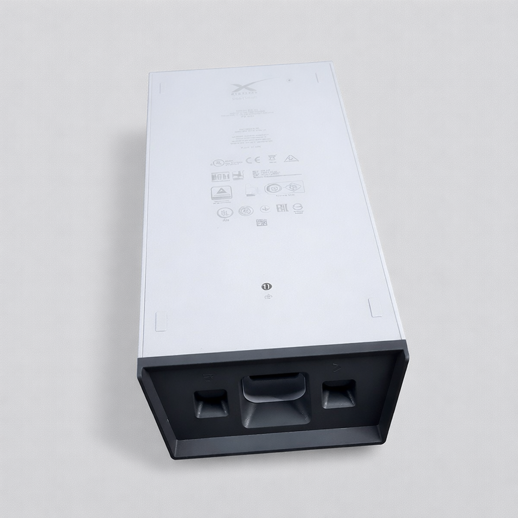 Underside of Starlink Gen 2 high performance power supply and router unit with ports and mounting details
