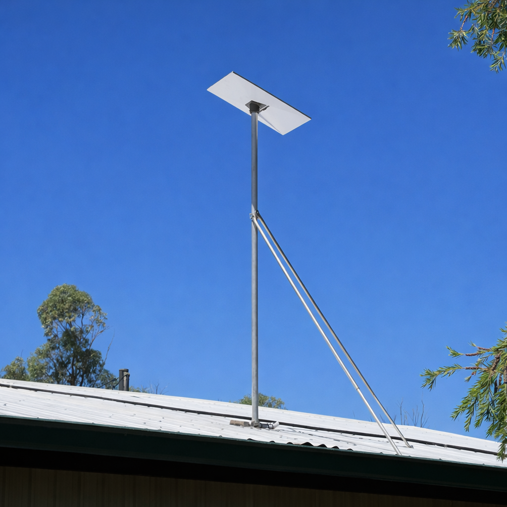 2m aluminium roof mount kit for Starlink Gen 3 installed on a corrugated metal roof with tall pole and support braces against a blue sky