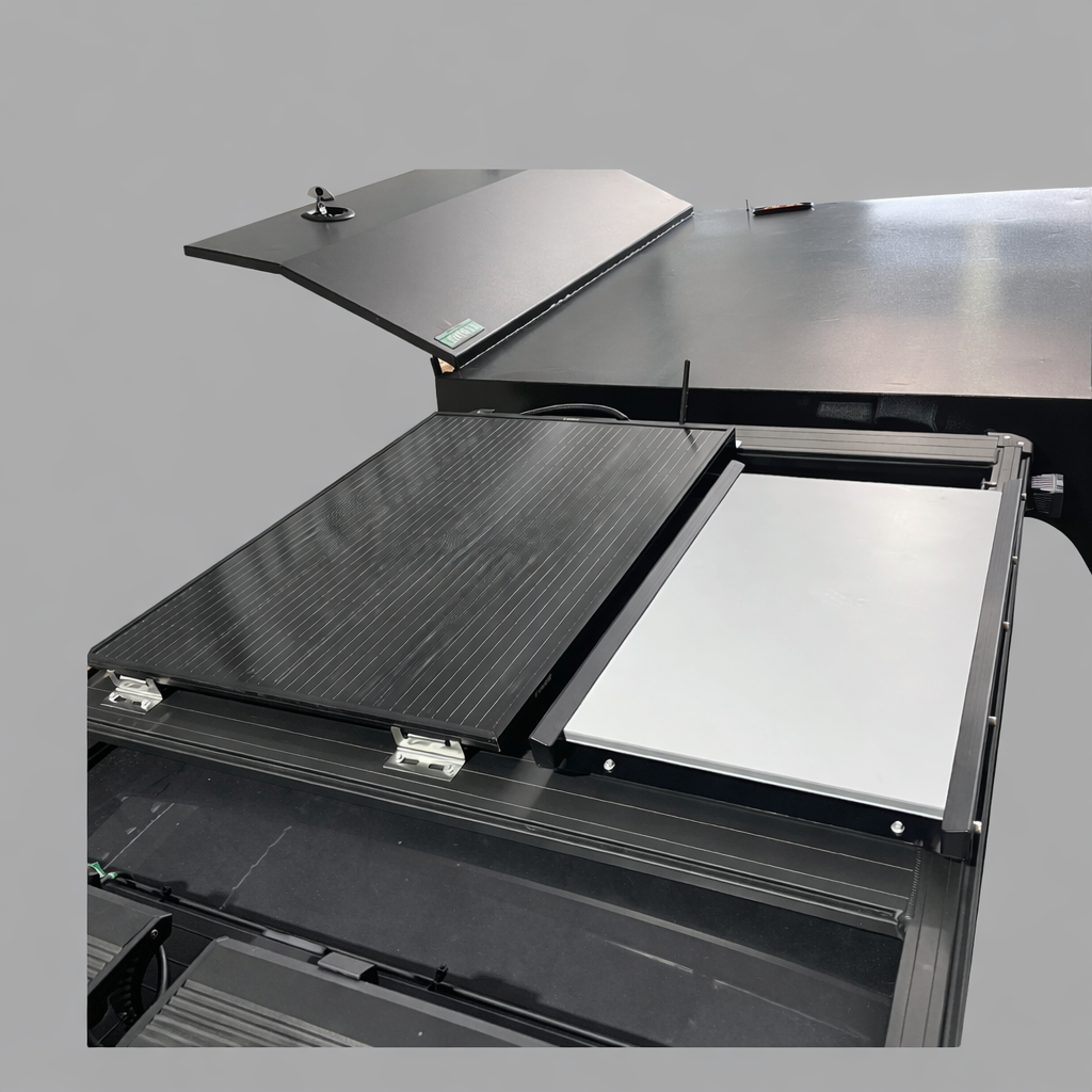 Retractable Starlink Gen 3 Mount beside modular solar panels, mounted to custom flatbed storage — purpose-built for overland and industrial deployments