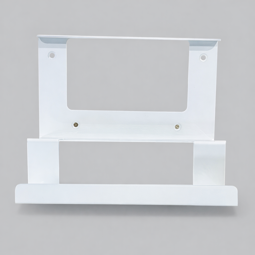 Front view of Starlink Gen 3 wall mount with integrated tray for router and power supply and cable management