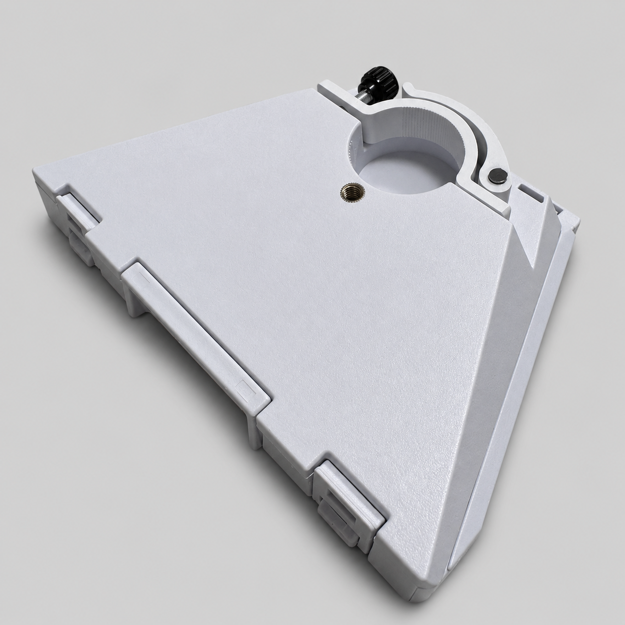 Quick-release combination kickstand for Starlink Gen 3 Standard dish with integrated pipe adapter and tripod thread, shown from an angled top view.