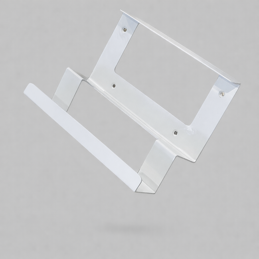 Angled side profile of powder coated metal wall mount for Starlink Gen 3 router and power supply showing bracket depth and structure