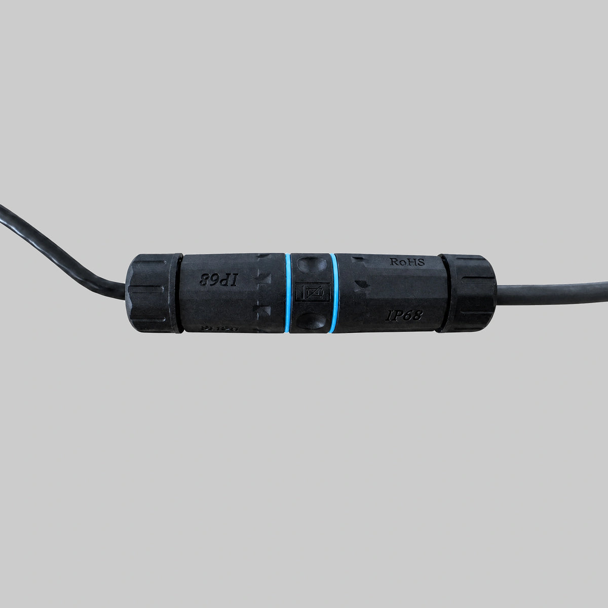 Side profile of the assembled waterproof RJ45 cable joiner with blue cable seals