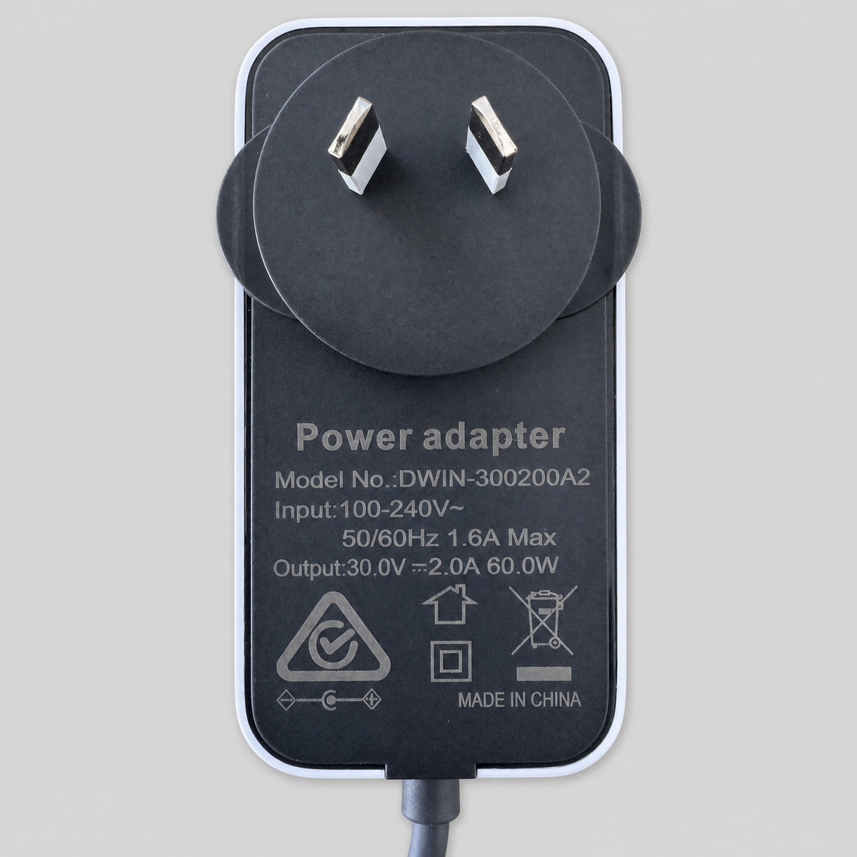 Rear compliance label of the Starlink Mini replacement power supply showing model DWIN-300200A2, 100-240V input and 30V 2A 60W output with RCM mark
