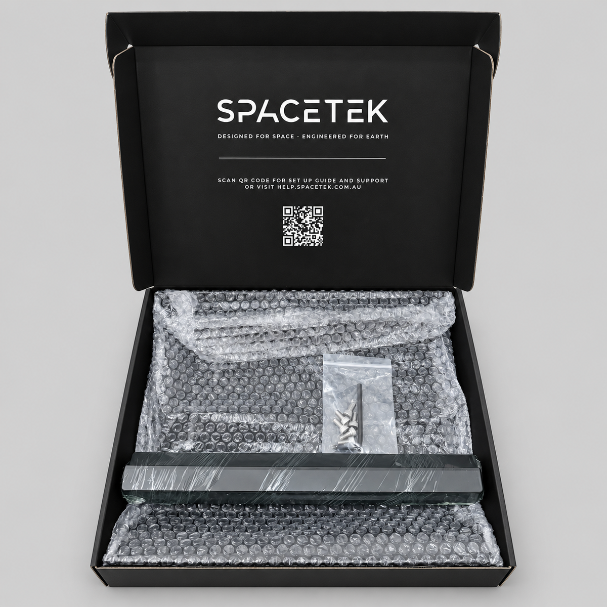 Spacetek Starlink Mini Aluminium In-Motion Mount kit in open packaging, showing protective wrapping, mounting components and included hardware