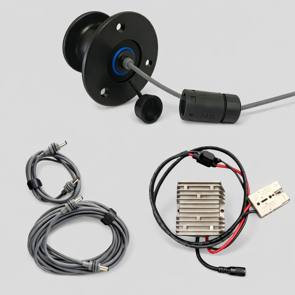 Complete Starlink Mini caravan builder bundle with cable gland, coiled DC power cables, and 12V voltage regulator for mobile off-grid setups