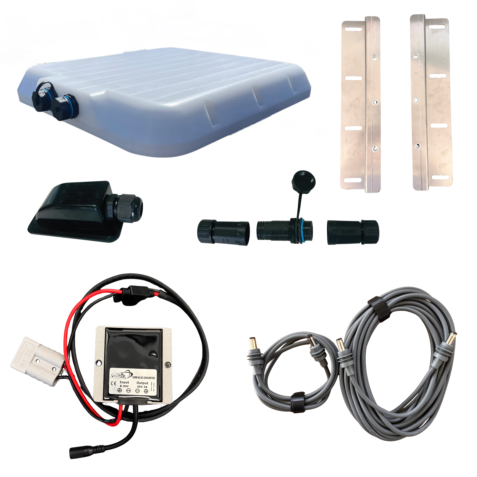 Premium caravan installation bundle for Starlink Mini with V-Cell enclosure, mounting rails, voltage booster, cables, and waterproof connectors