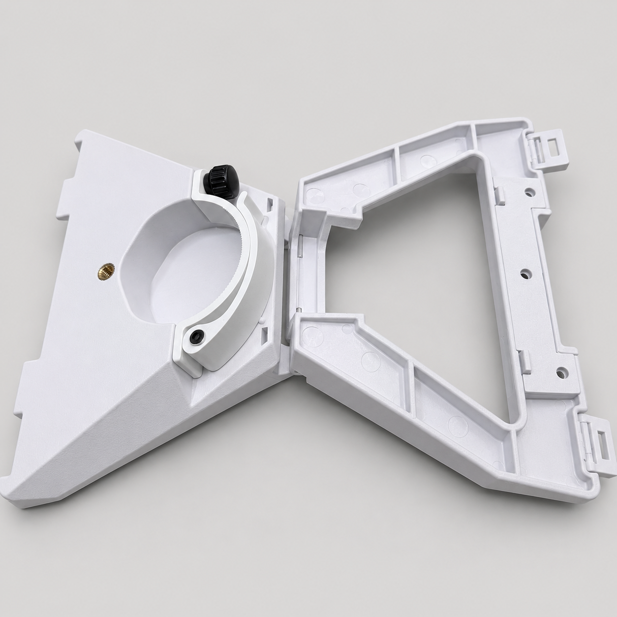 Starlink Mini Combination Kickstand adaptor with the integrated pole clamp open, showing the mounting mechanism