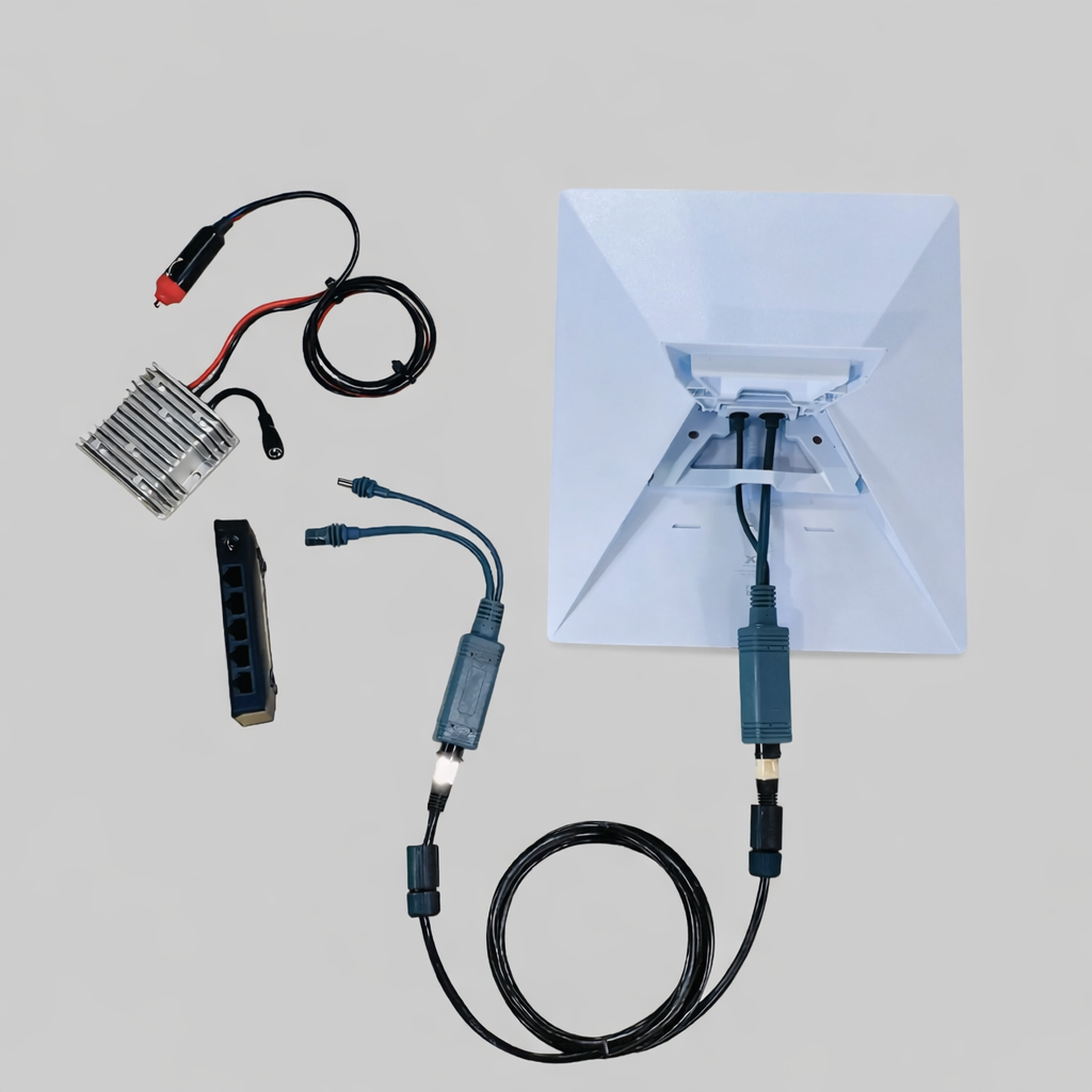 Starlink Mini splitter combiner cable with heatsink, power supply, and dish connection – complete wiring layout for mobile or vehicle installations