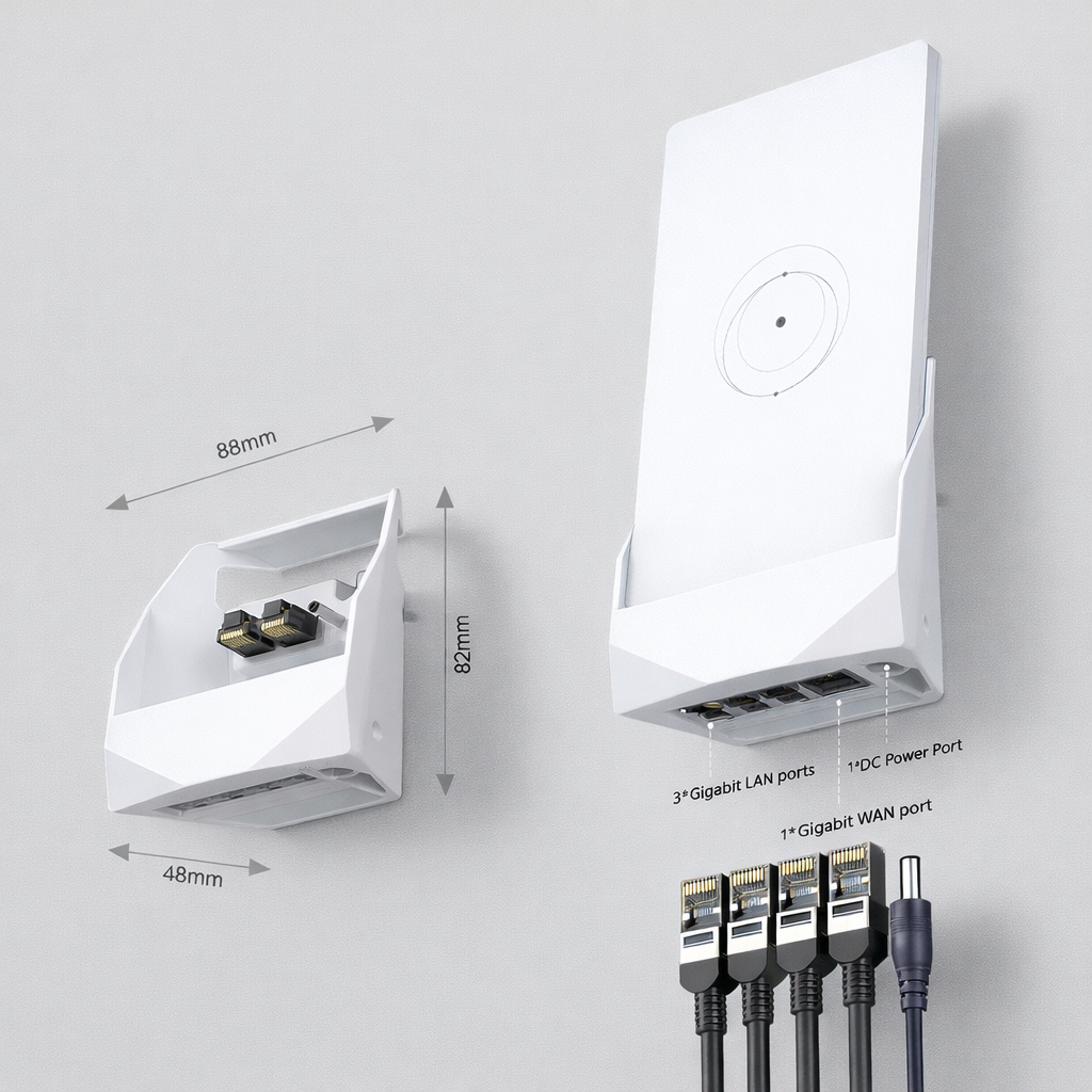 Starlink Mini docking station showing dimensions and gigabit LAN ports with power input