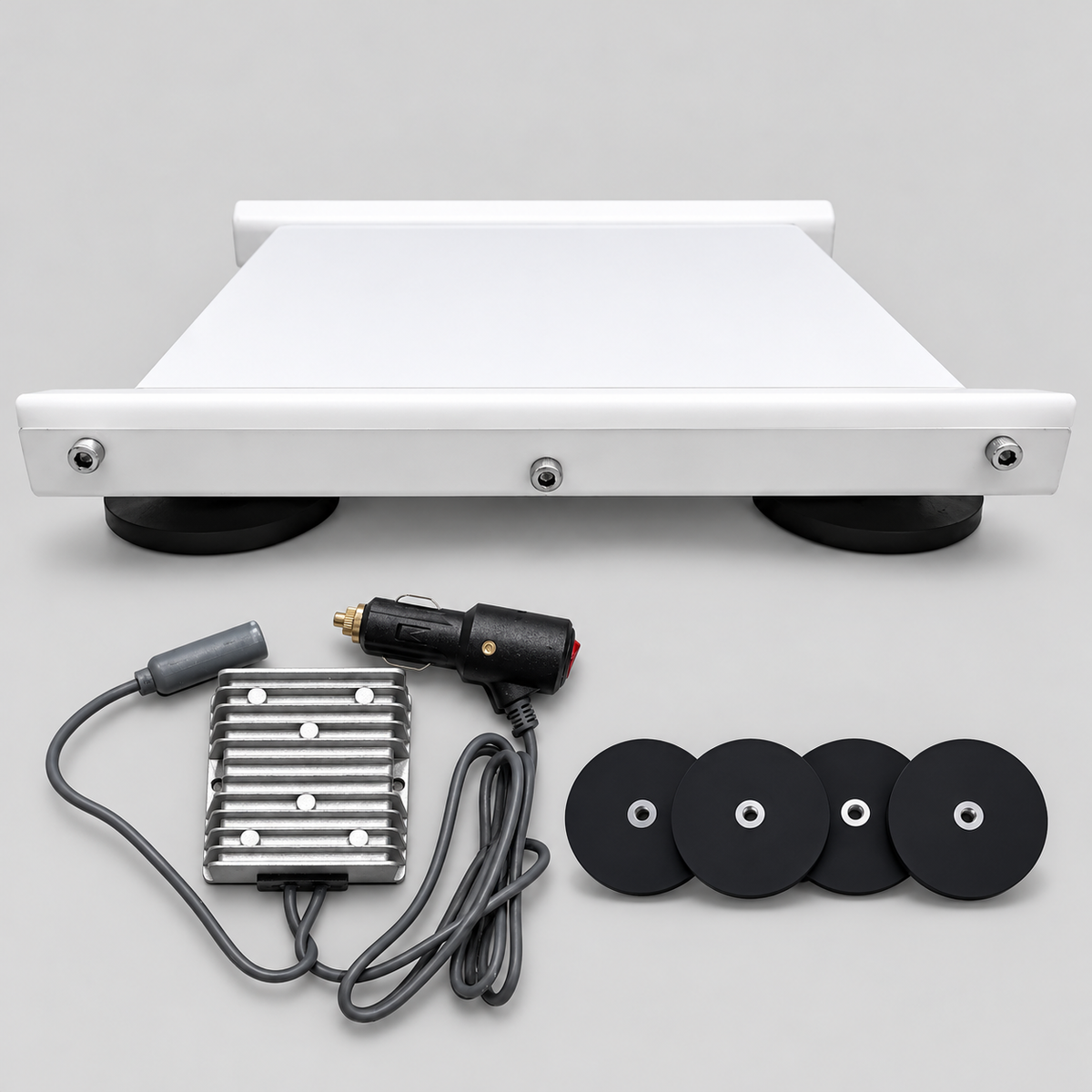 White Spacetek Starlink Mini in-motion aluminium vehicle mount bundle with four 87mm rubber-coated magnets and DC-DC power booster with cigarette lighter plug.