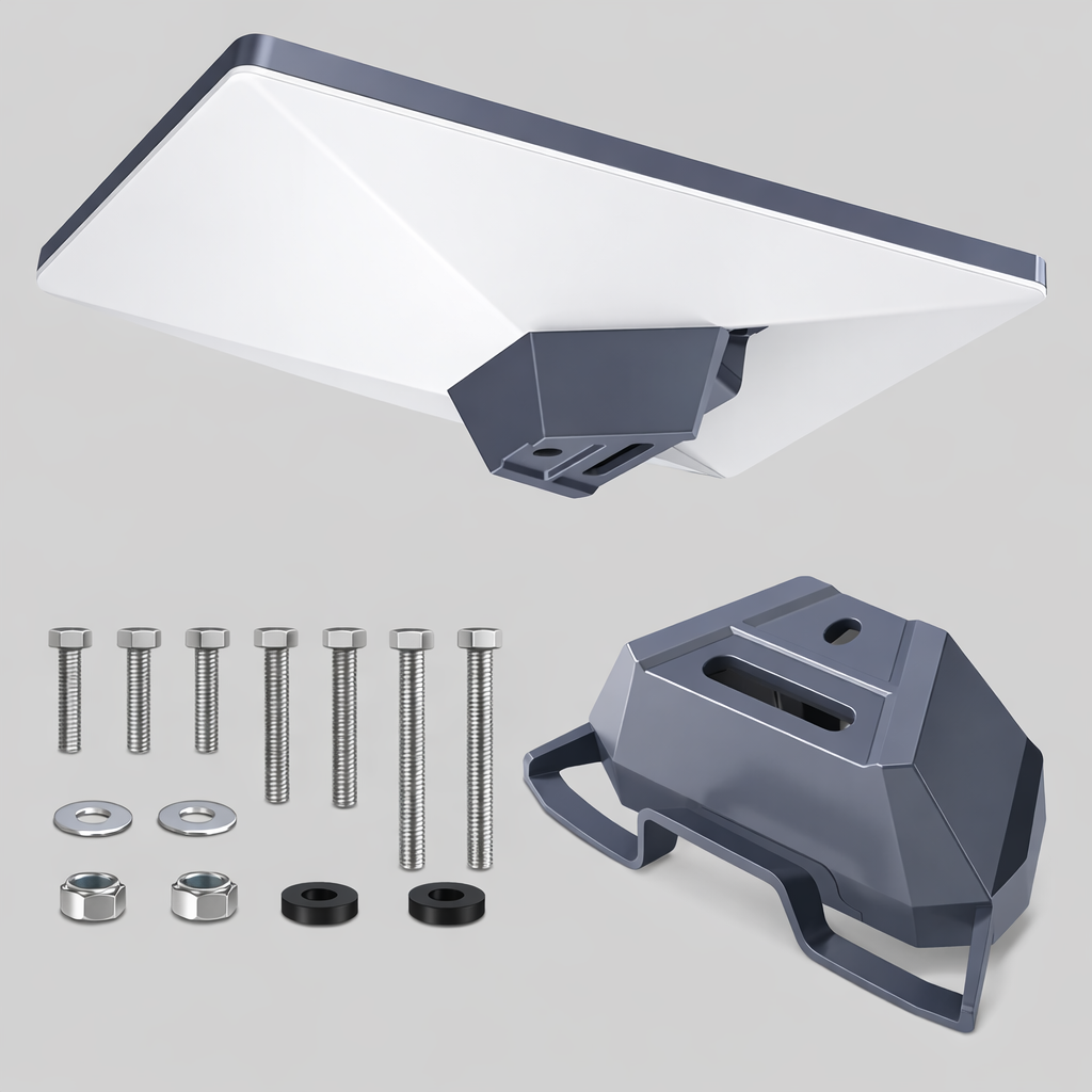 Starlink Mini mobility mount bracket with stainless steel bolts, washers, and nuts arranged beside the blue mounting bracket on a grey background