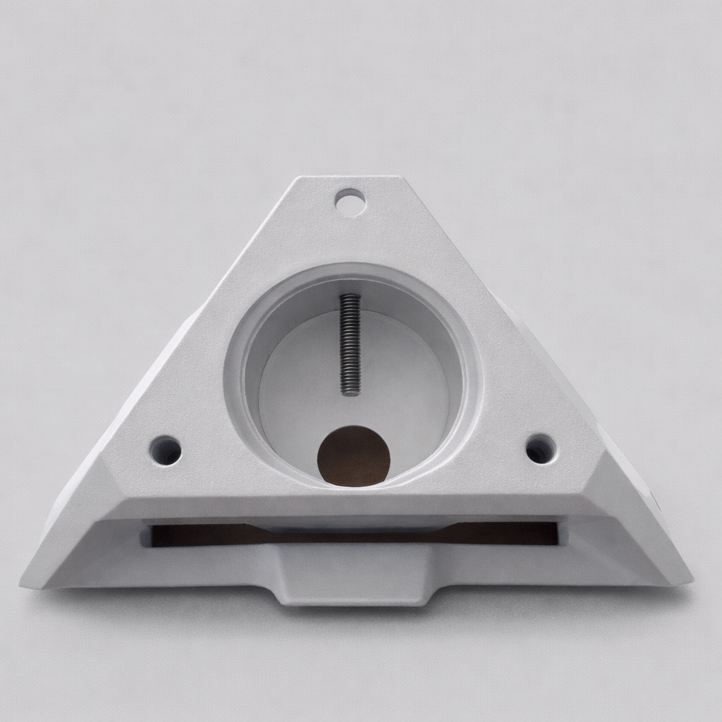Front view of Starlink Mini OEM Pipe Adaptor highlighting triangular base, central pipe recess, and mounting holes