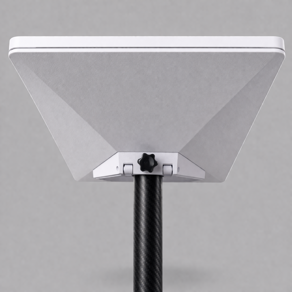 Side view of Starlink Mini kickstand and pipe adapter with adjustable support bracket and textured aluminium surface