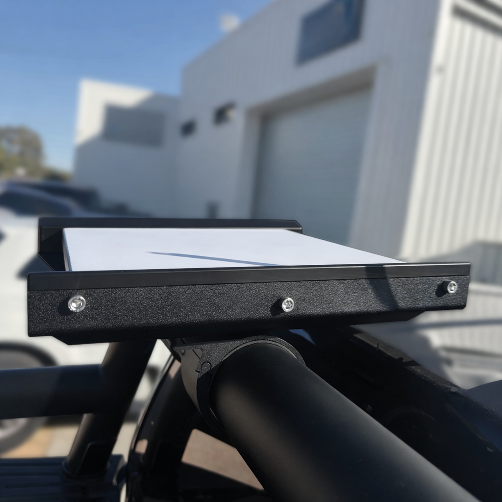 Close-up of Starlink Mini mounting platform secured to aluminium tube mount on a roof rack crossbar.
