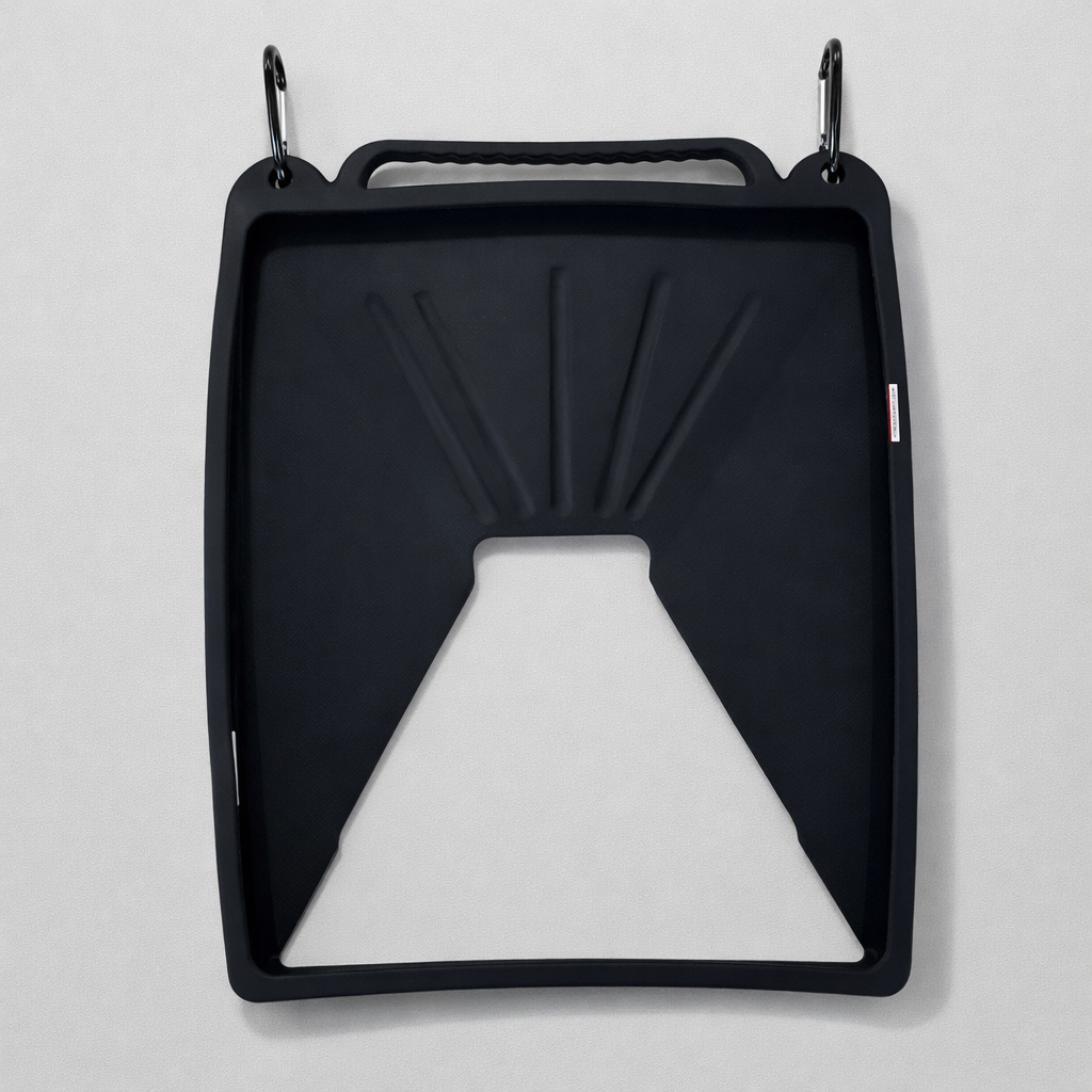 Black silicone protective cover for Starlink Mini dish with integrated handle and carabiner clips for travel and outdoor protection