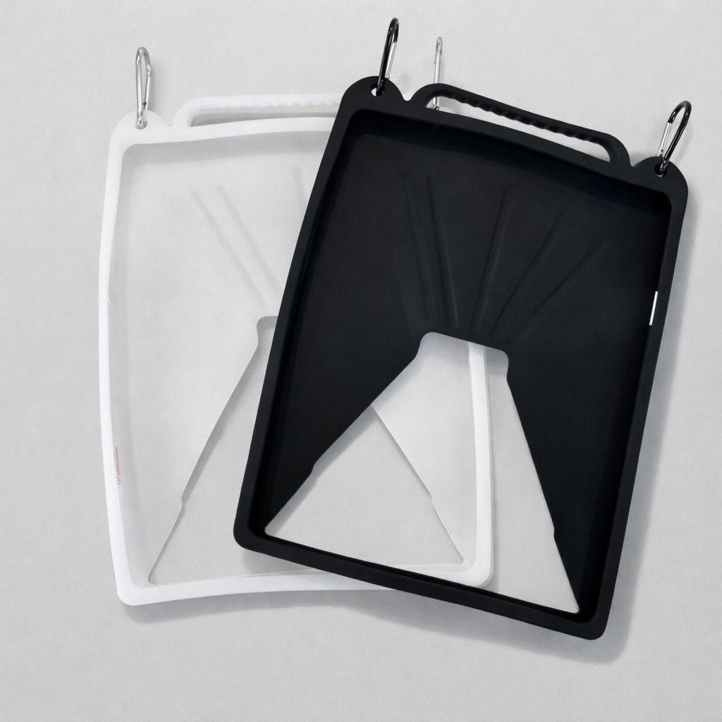 Pair of silicone protective covers for Starlink Mini dish in white and black with carabiner clips and carry handles