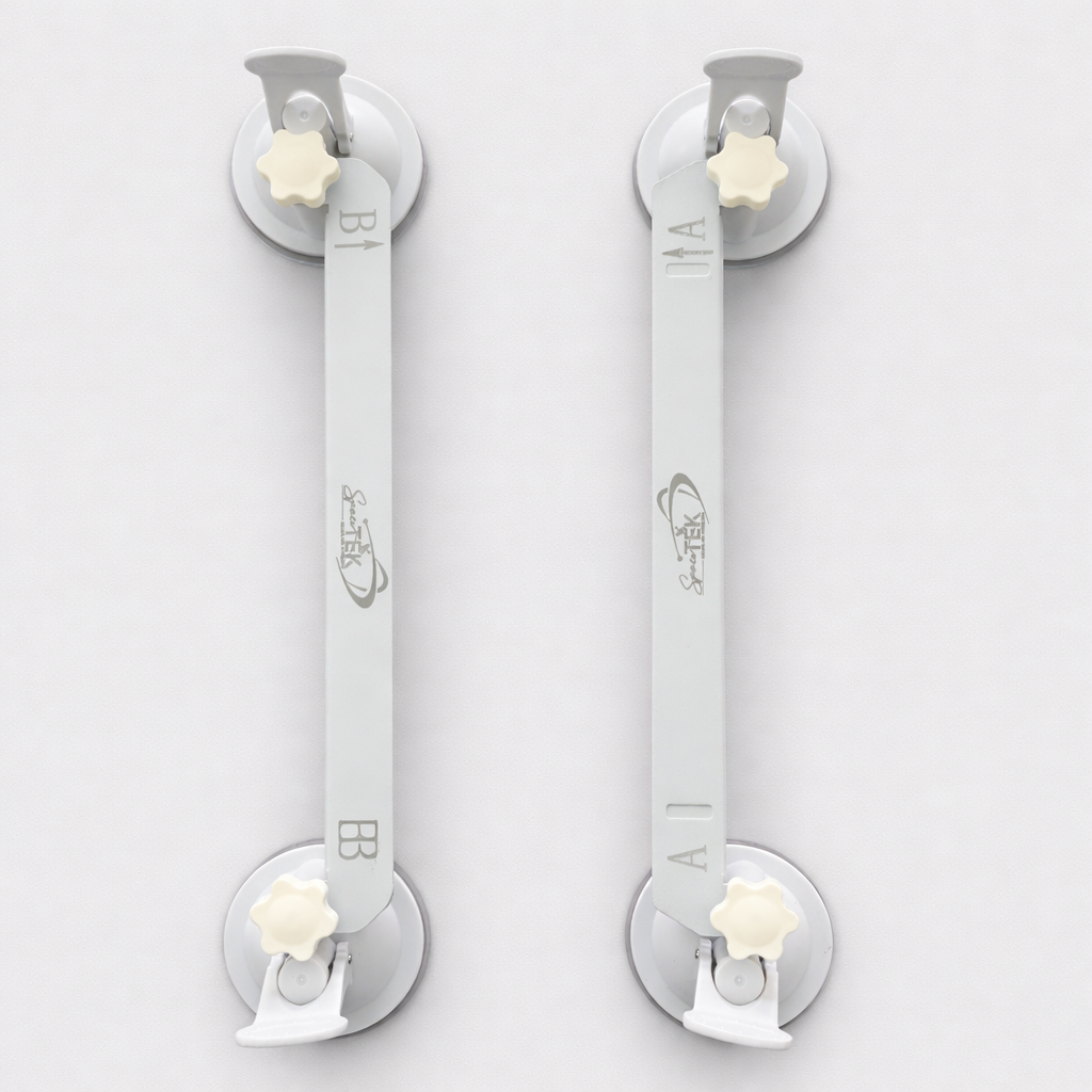 Front view of Starlink Mini suction cup mounts labeled A1 and B1 with cream adjustment knobs and white suction bases on grey background