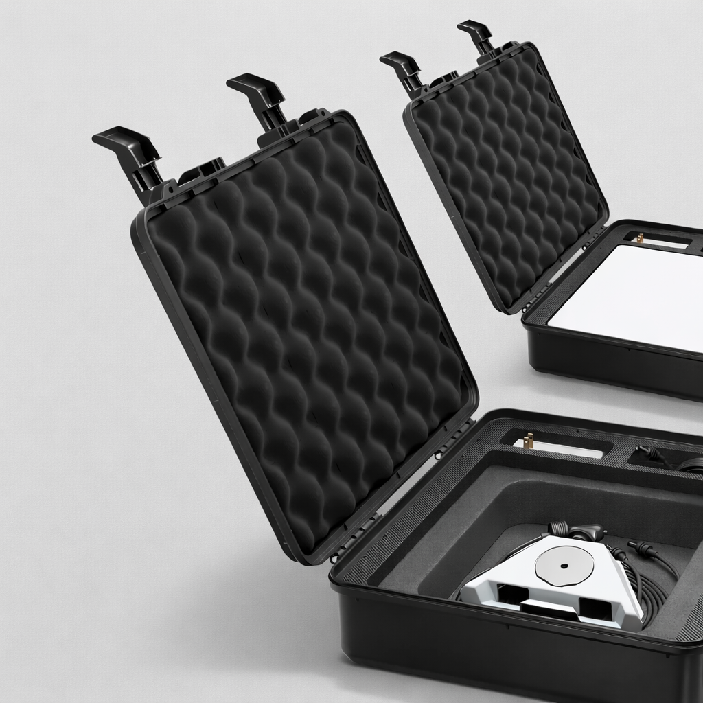 Starlink Mini tough case open with protective foam insert holding Starlink Mini dish and cables in rugged waterproof travel case