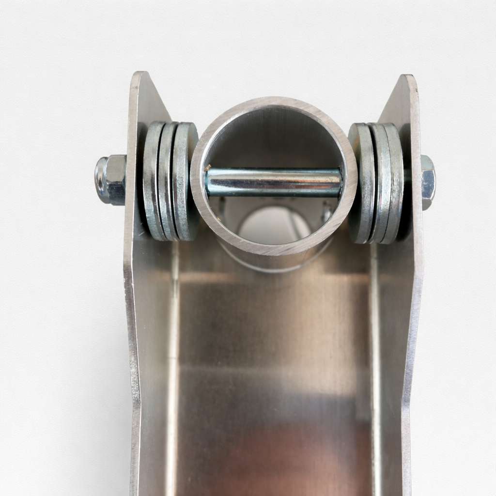 Close up of galvanized steel Starlink pole clamp bracket showing bolt, washers and mounting plates