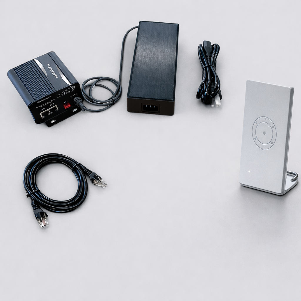 Starlink Router Mini included in power bundle with PoE injector, power brick, AC cable, and Ethernet cable on neutral grey surface