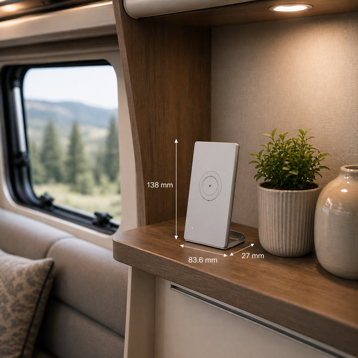 Small table containing Starlink Router Mini on a shelf in a caravan
