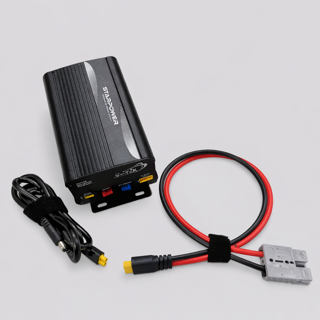 Starpower Gen 3 Starlink router power supply shown with Anderson power cable and DC connector on a neutral background.