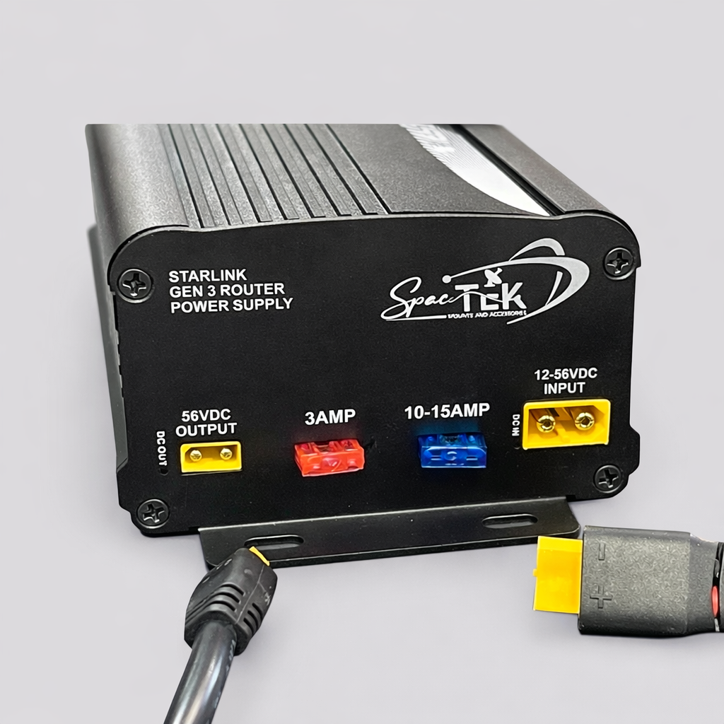 Close-up view of the Starpower V3 power supply for Starlink Gen 3 showing labeled output ports, DC input, and color-coded fuses.